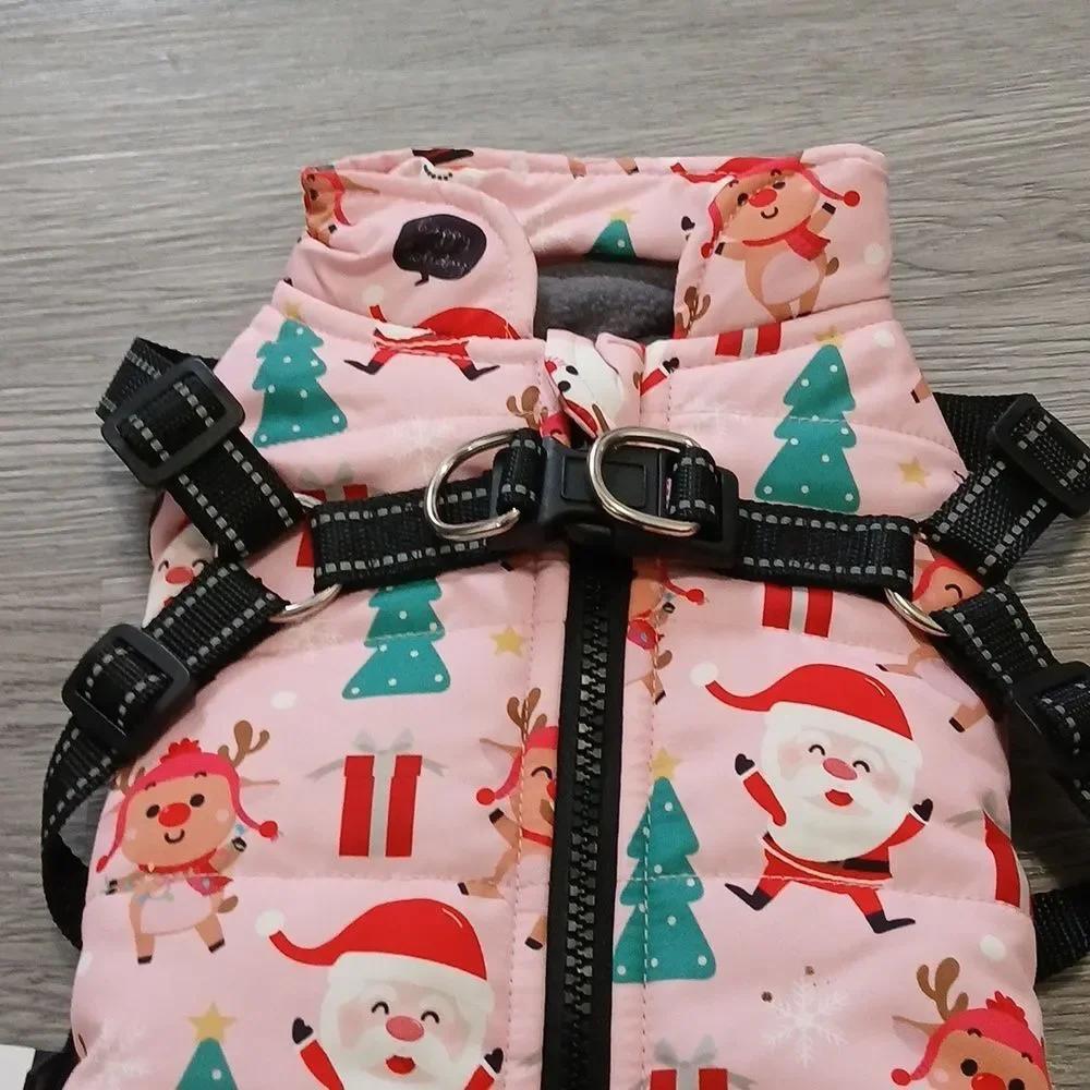 Gyuzh Festive Pink Dog Waterproof Jacket with Santa Print with harness Sz S NWT